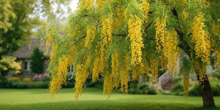 Yellow flowering Cassia fistula tree in front of a house, seasonal bloom highlighting urban greenery