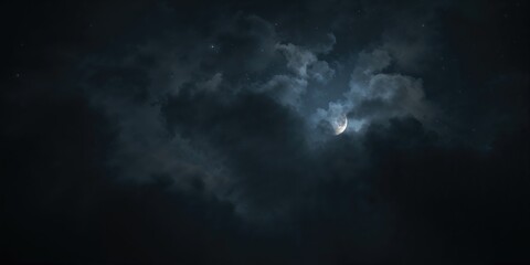 Night sky with overcast clouds and a new moon, highlighting celestial visibility and weather factors