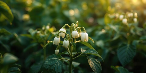 Obraz premium Bell peppers in early bloom surrounded by dense foliage, plant development