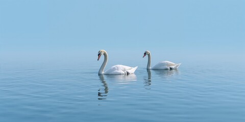 Obraz premium Two elegant swans gliding on a calm lake surface, ideal for nature photography backgrounds, Earth Day