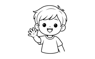 Fototapeta premium Cute cartoon boy waving hello with a friendly smile and open mouth