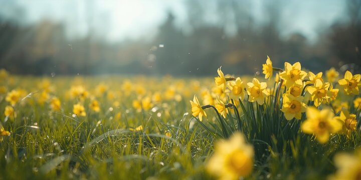 Bright daffodil field with yellow flowers under sunny sky, suitable as a garden background for text or design
