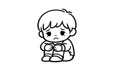 Sad cartoon boy sitting with knees hugged, looking down with a worried expression