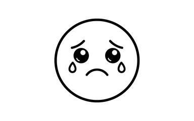 Fototapeta premium Sad crying emoji face with tears and downturned mouth, simple line art