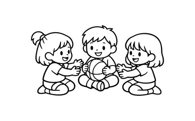 Fototapeta premium Three happy cartoon children playing together with a ball, black and white illustration