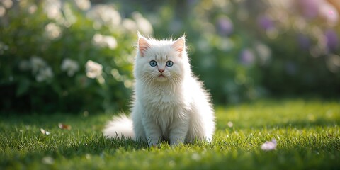 White feline resting on the ground in a garden setting, focusing on pet relaxation, no specific observance