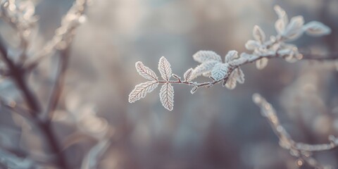 Close-up of frost-covered rose branch on an abstract floral backdrop, suitable for winter-themed layouts