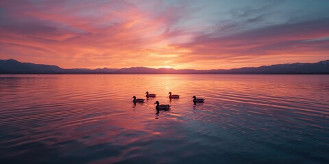 Four ducks in a lake, peaceful aquatic habitat supporting bird activity, environmental awareness day