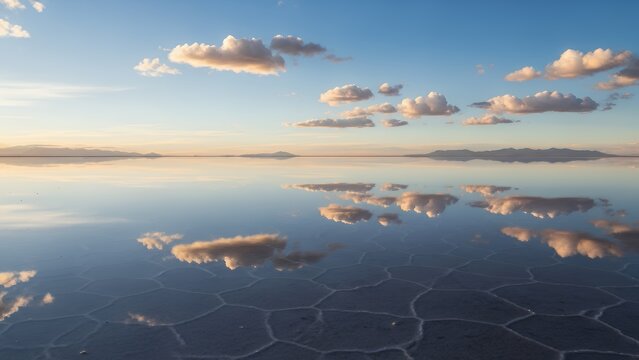 Stunning Uyuni Salt Flats Reflection, Bolivia's Mirrored Sky, Endless Horizon, and Cloud Formations on Water.