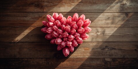 Obraz premium Closeup of pink tulips flowers on a rustic table used as a natural backdrop, spring season