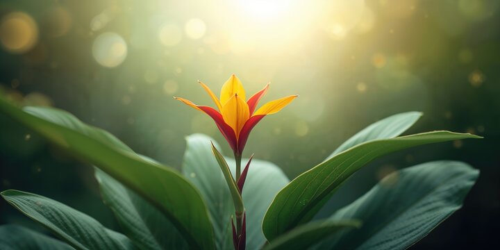 Thunbergia mysorensis vine featuring striking yellow and red flowers, serving as a natural garden backdrop, Earth Day