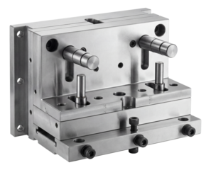 Adjustable hydraulic press die shoe with guide pins for versatile metal forming.