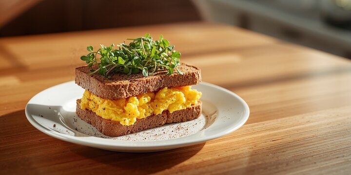 Breakfast featuring scrambled eggs on whole grain bread with fresh arugula microgreens, high-fiber keto option
