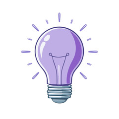 Fototapeta premium Illuminated purple light bulb radiating creativity, brainstorming, innovation, and solutions in a cartoon vector style