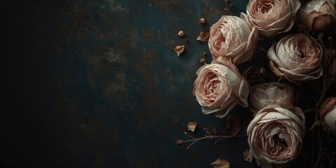 Withered roses placed against a dark backdrop, used for background or layout purposes