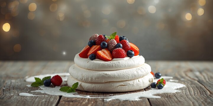 Fruit-topped pavlova featuring strawberry, soursop, and blueberry with arequipe base, emphasizing fresh produce and dessert presentation