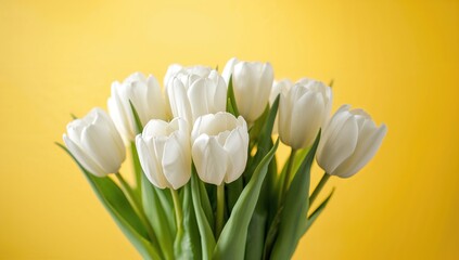 White tulips arranged on a yellow background, designed for greeting cards for Easter and Women's Day recognition