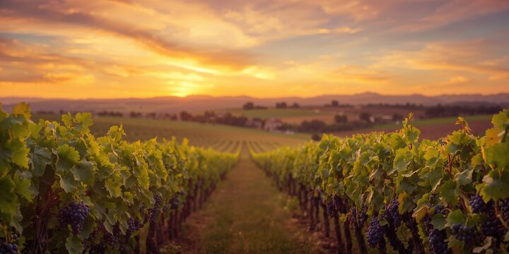 Vineyard with lush grapevines prepared for harvest, seasonal agricultural activity