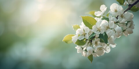 Spring horizontal image of apple tree blossoms with white petals on a softly blurred background, ideal for nature-themed layouts or editorial headers, World Environment Day