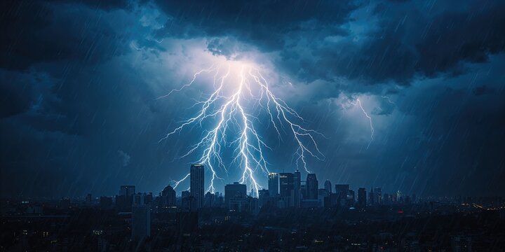 Cityscape under a summer storm with lightning strikes highlighting atmospheric natural events