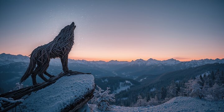 Branch-based wolf figure carved from wood, designed for garden decoration