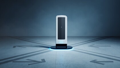 Modern white and black technological device with a glowing blue base on a grey floor with directional arrows.