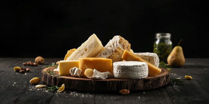 Selection of different cheese types displayed on a black background for food styling, highlighting diversity - Powered by Adobe