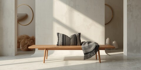 Contemporary black and white woven lumbar pillow with fringe on bench, used as a decorative element in modern interior design