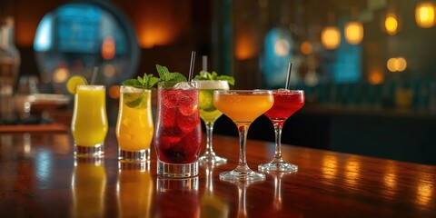 Juice cocktails on the bar counter colorful drinks for refreshment and socializing