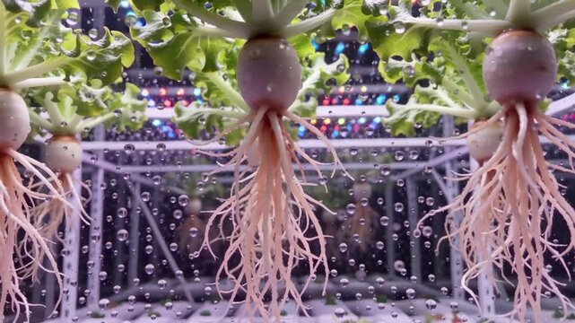 Radish farm growing in a hydroponic system. The radishes are white and have long, thin roots healthy and well-maintained 2