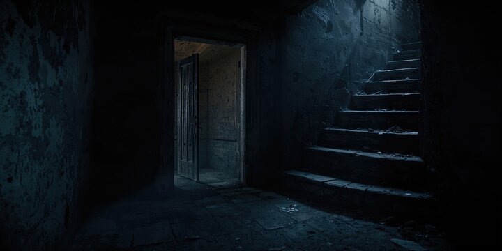 Old stone staircase leading to a dark cellar door with sunlight streaming through, casting shadows in a neglected basement room
