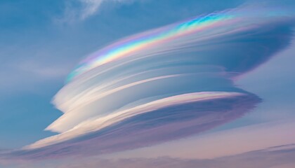 Fototapeta premium Iridescent lenticular cloud formation with vibrant rainbow colors against a clear blue sky.