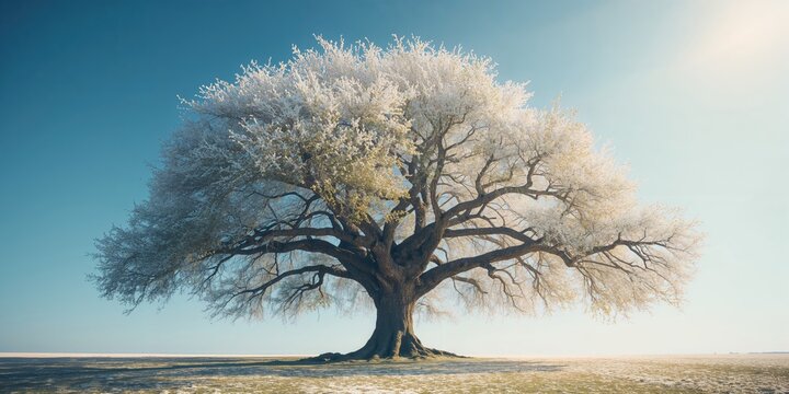 Single tree in open terrain serving as a background for landscape layout and design