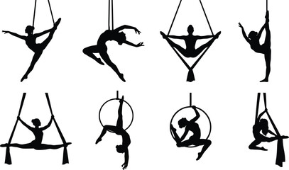 Aerial, yoga, silhouettes, acrobatics, fitness, flexibility, balance, stretching, poses, exercise, hammock, ring, silk, training, wellness, sport, vector, illustration, set, isolated