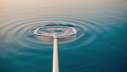 A pool skimmer net creating ripples on the surface of clear blue water in a swimming pool, capturing the moment of cleaning.