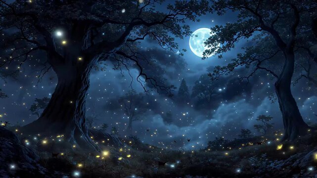 Enchanted Forest at Night Under a Full Moon with Fireflies moonlight