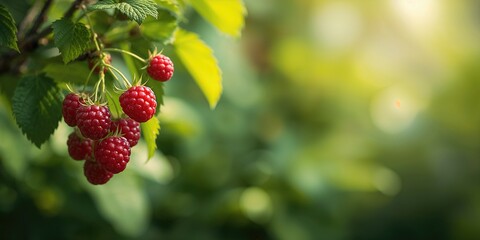 Fototapeta premium Ripe red raspberries on a garden bush, suitable for natural fruit harvesting