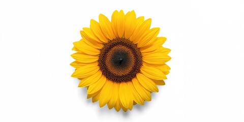 Obraz premium Ripe sunflower with yellow petals and dark center, isolated on white background, top view, suitable for botanical backgrounds