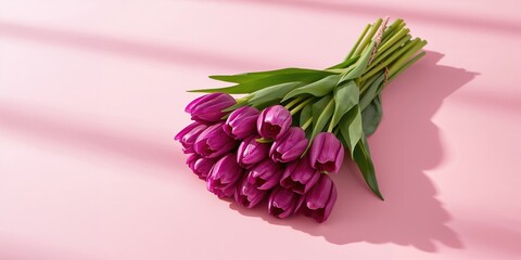 Obraz premium Light pink backdrop with purple tulips bouquet for greeting card decoration, seasonal floral display