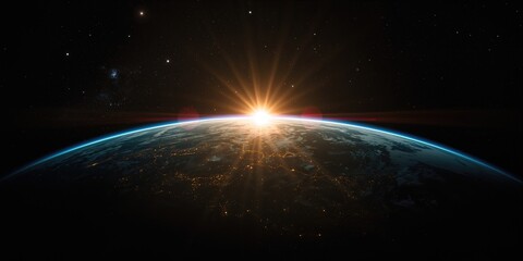 Obraz premium Early morning sunlight casting a glow on the planet with illuminated cityscape below, environmental awareness