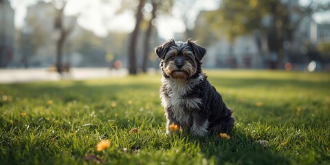 Dog in a city street used as an editorial header background highlighting urban setting