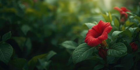 Close-up of red Shoeblackplant flowers among dense leaves, emphasizing flowering stage, Earth Day