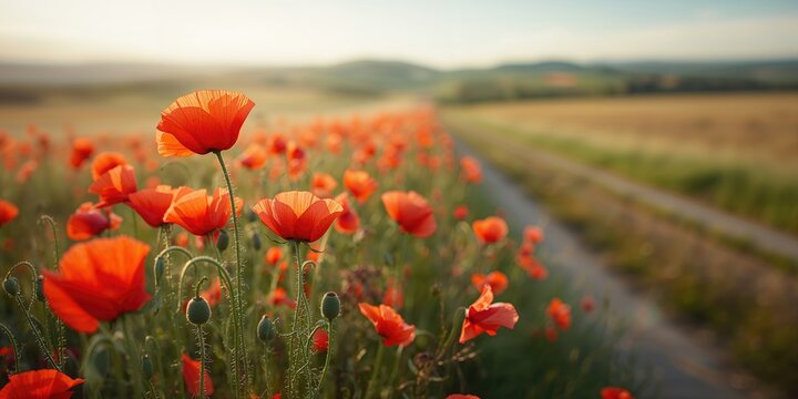 Poppy flowers blooming at roadside, suitable for use as an editorial header background or visual separator