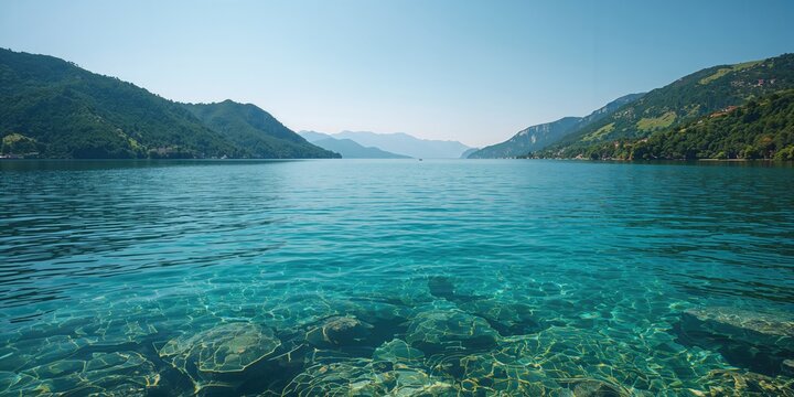 Clear lake water providing a natural backdrop for conservation awareness, Mediterranean setting, copy space