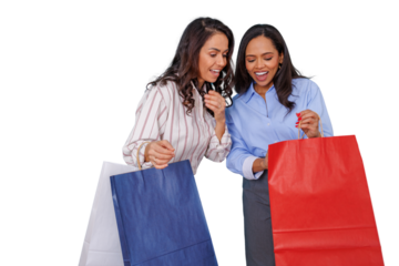 Two excited diverse women shopping, opening shopping bags, finding amazing discount deals, transparent background