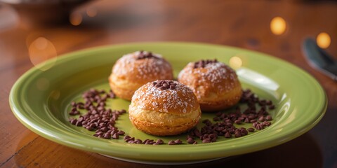 Fototapeta premium Three pastries with chocolate sprinkles on a green plate, emphasizing baked goods in a casual setting, World Food Day