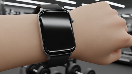 Close-up of Modern Smartwatch on Wrist in Gym, Fitness Tracker Technology, Digital Health Wearable Device, Exercise Monitoring Gadget.