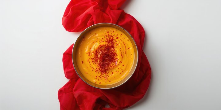 Aamrakhand served on a white surface with a red velvet cloth, summer breakfast, milk-based, tropical flavor, Indian cuisine, healthy, mango