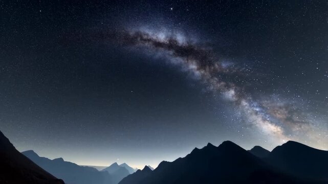 Breathtaking view of the Milky Way arching over majestic mountain peaks at night. A stunning display of nature's beauty and the cosmos