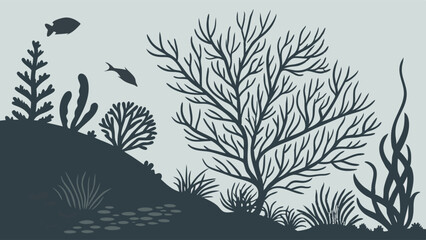 Underwater Coral Reef Silhouette with Fish and Sea Plants. Peaceful Ocean Ecosystem Background for Environmental Education and Web Design.
